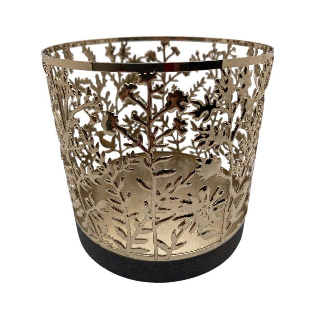Bath & Body Works Gold Tone 3-Wick Candle Holder Sleeve Dark Brown Base Cut Outs